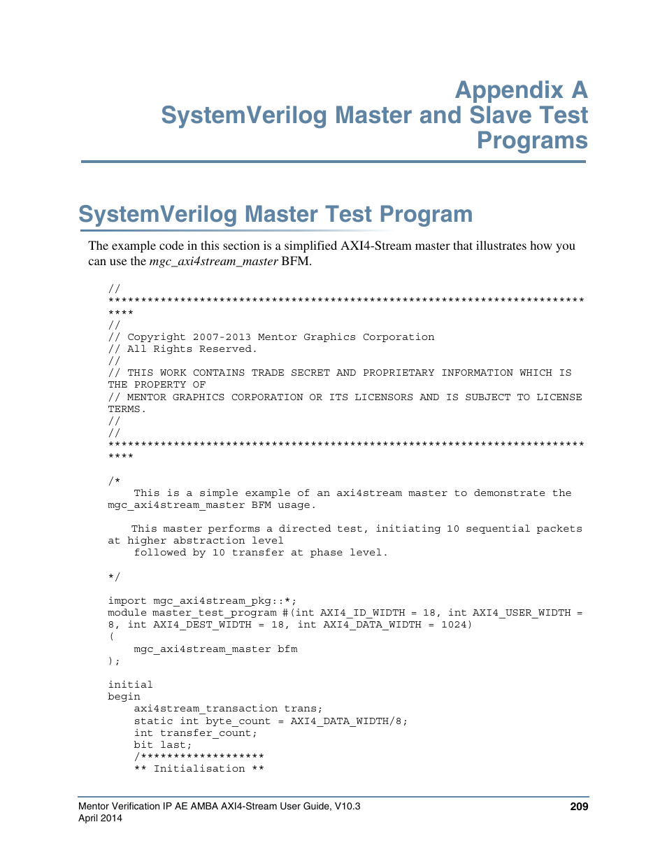Systemverilog master test program, This master test program, refer to, Systemverilog | Master test program | Altera Mentor Verification IP Altera Edition AMBA AXI4-Stream User Manual | Page 209 / 231