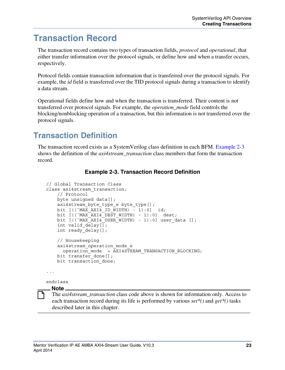 Transaction record, Transaction definition, Example 2-3. transaction record definition | When you create a transaction, a, Is created and e | Altera Mentor Verification IP Altera Edition AMBA AXI4-Stream User Manual | Page 23 / 231