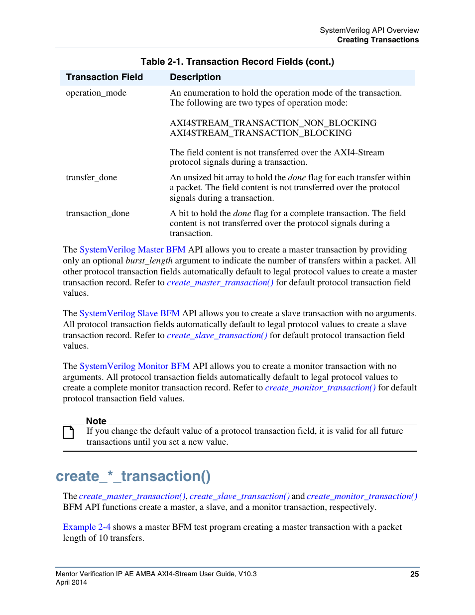 Create_*_transaction() | Altera Mentor Verification IP Altera Edition AMBA AXI4-Stream User Manual | Page 25 / 231