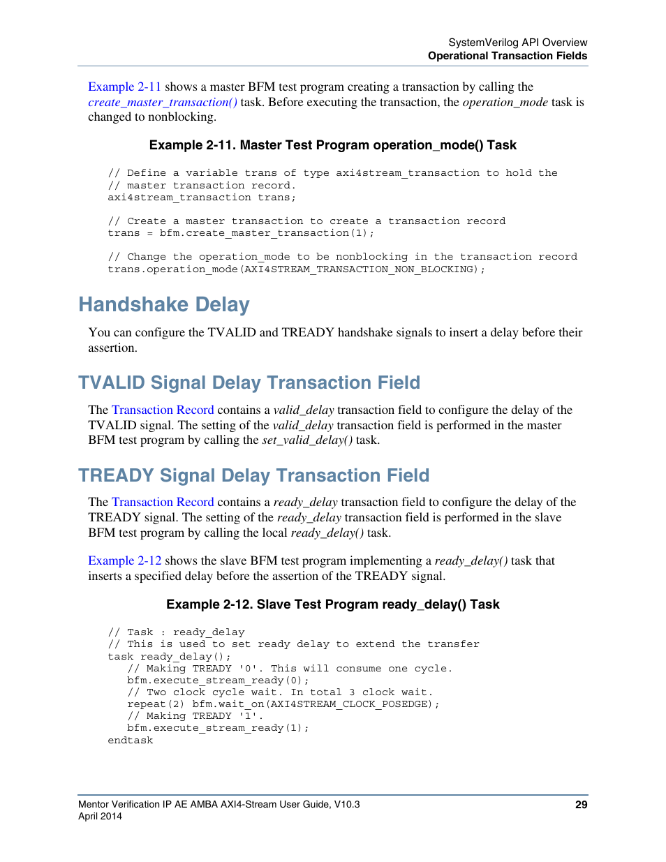 Handshake delay, Tvalid signal delay transaction field, Tready signal delay transaction field | Altera Mentor Verification IP Altera Edition AMBA AXI4-Stream User Manual | Page 29 / 231