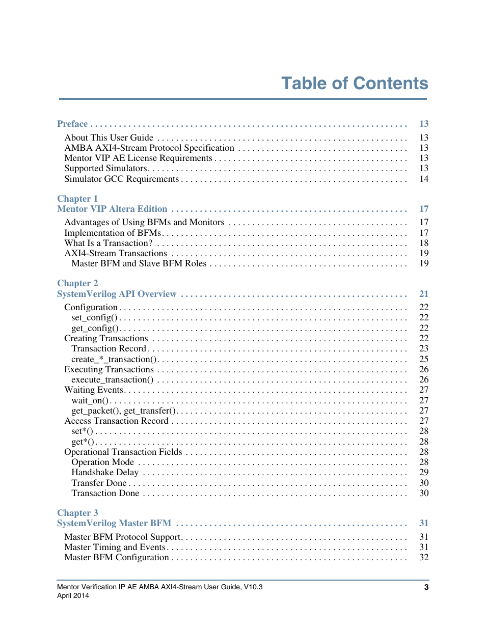 Altera Mentor Verification IP Altera Edition AMBA AXI4-Stream User Manual | Page 3 / 231