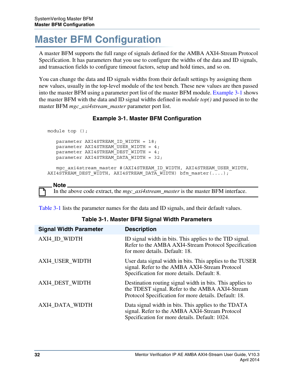 Master bfm configuration, Example 3-1. master bfm configuration, Table 3-1. master bfm signal width parameters | Altera Mentor Verification IP Altera Edition AMBA AXI4-Stream User Manual | Page 32 / 231