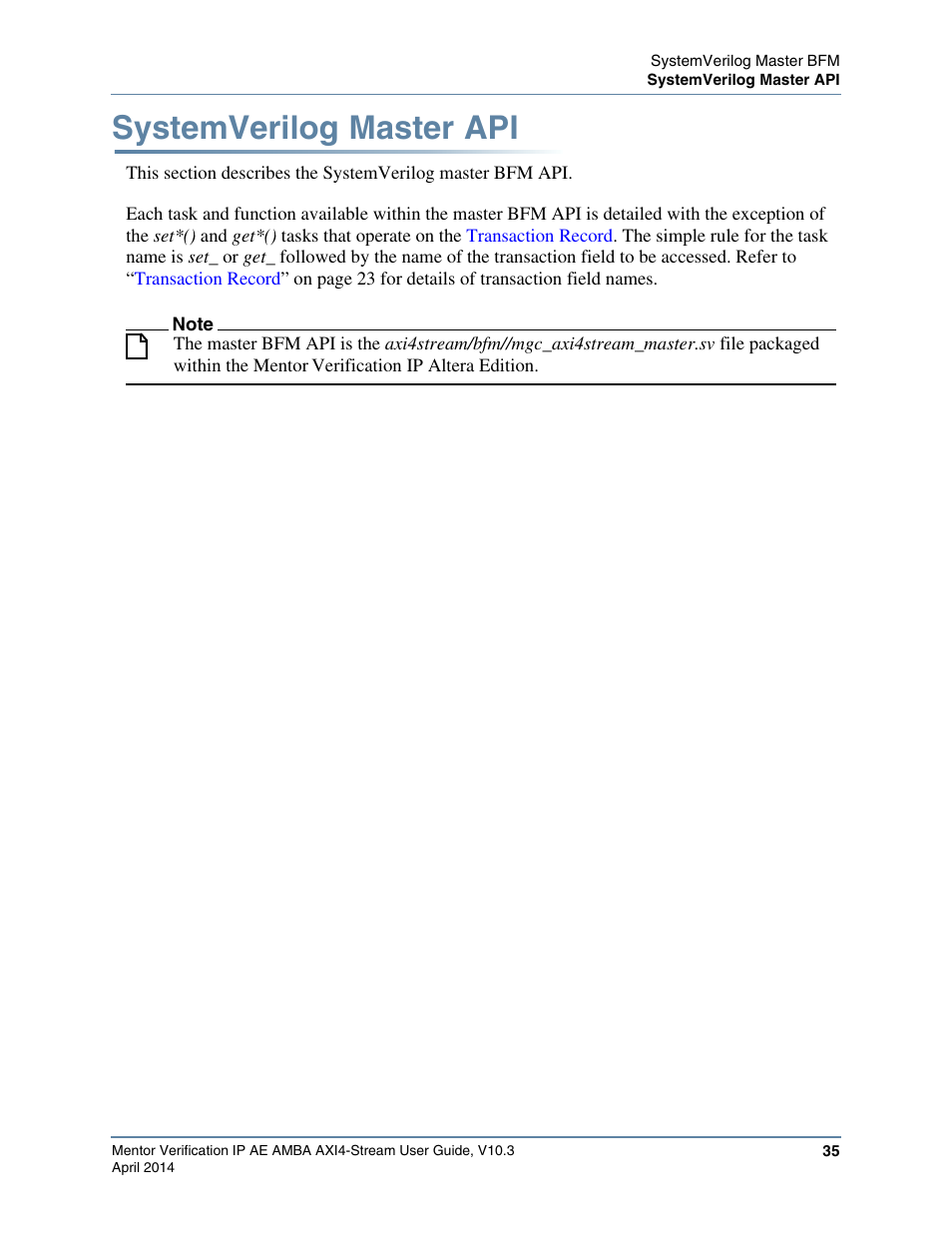 Systemverilog master api | Altera Mentor Verification IP Altera Edition AMBA AXI4-Stream User Manual | Page 35 / 231