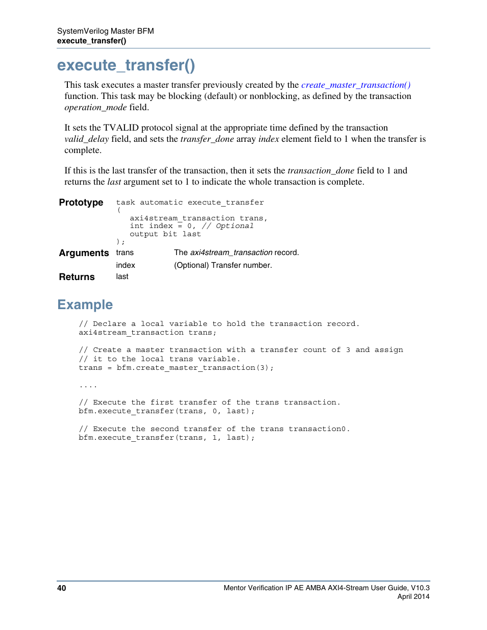 Execute_transfer(), Example, G the | Task for each transfer within a | Altera Mentor Verification IP Altera Edition AMBA AXI4-Stream User Manual | Page 40 / 231