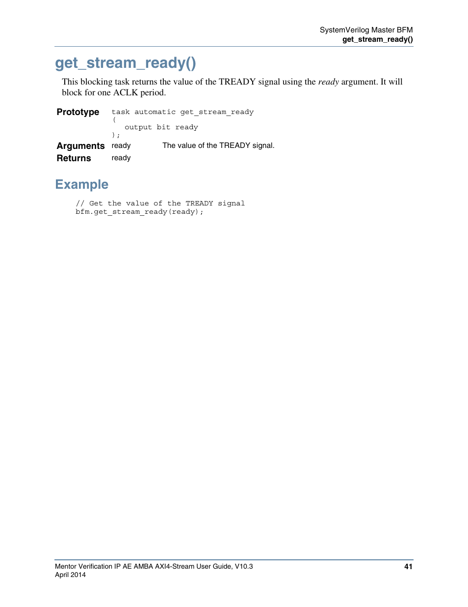 Get_stream_ready(), Example | Altera Mentor Verification IP Altera Edition AMBA AXI4-Stream User Manual | Page 41 / 231