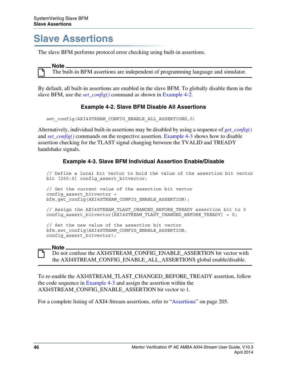 Slave assertions, Example 4-2. slave bfm disable all assertions | Altera Mentor Verification IP Altera Edition AMBA AXI4-Stream User Manual | Page 46 / 231