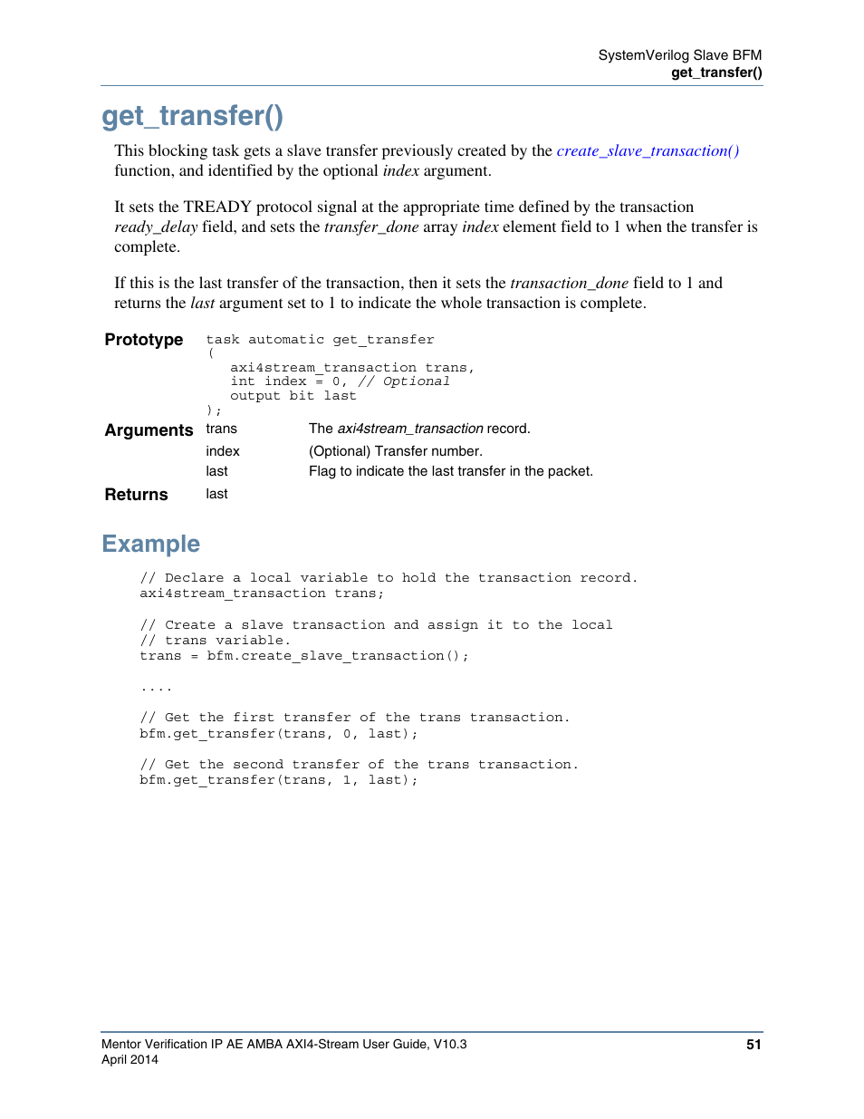 Get_transfer(), Example, Example 2-8. slave test program | Task | Altera Mentor Verification IP Altera Edition AMBA AXI4-Stream User Manual | Page 51 / 231