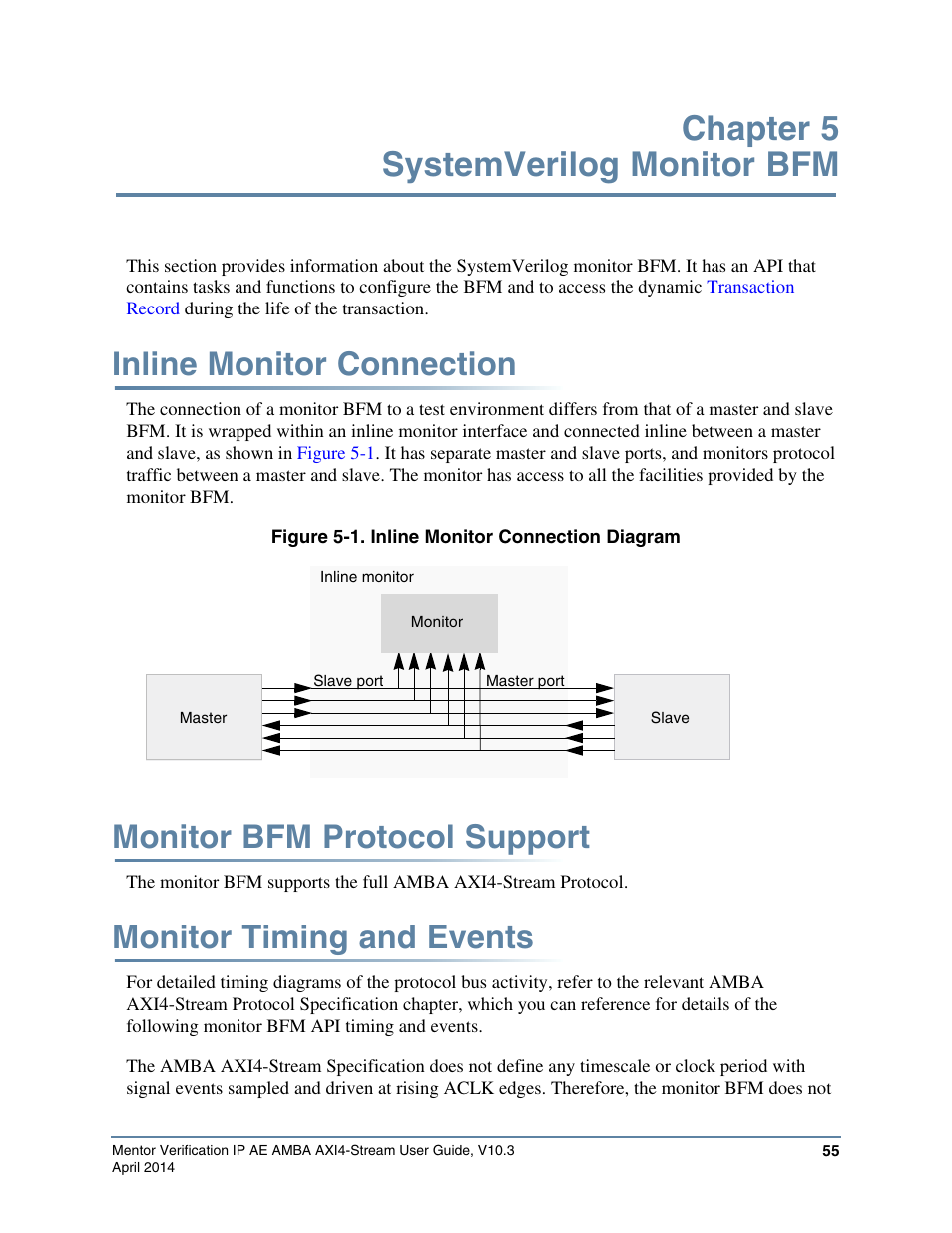 Chapter 5 systemverilog monitor bfm, Inline monitor connection, Monitor bfm protocol support | Monitor timing and events, Figure 5-1. inline monitor connection diagram, Systemverilog monitor bfm | Altera Mentor Verification IP Altera Edition AMBA AXI4-Stream User Manual | Page 55 / 231