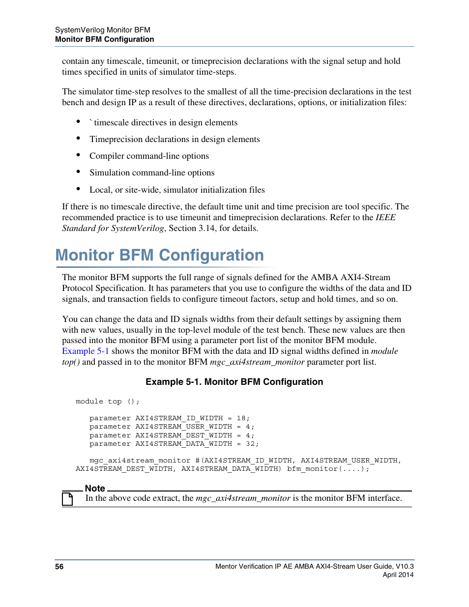Monitor bfm configuration, Example 5-1. monitor bfm configuration | Altera Mentor Verification IP Altera Edition AMBA AXI4-Stream User Manual | Page 56 / 231