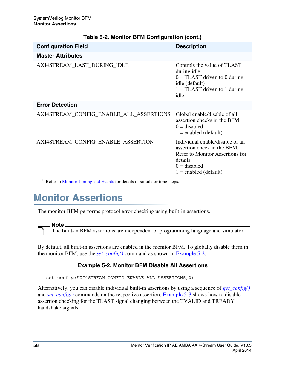 Monitor assertions, Example 5-2. monitor bfm disable all assertions | Altera Mentor Verification IP Altera Edition AMBA AXI4-Stream User Manual | Page 58 / 231