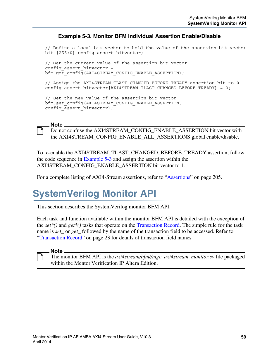 Systemverilog monitor api, Example 5-3, Shows how to disable | Altera Mentor Verification IP Altera Edition AMBA AXI4-Stream User Manual | Page 59 / 231