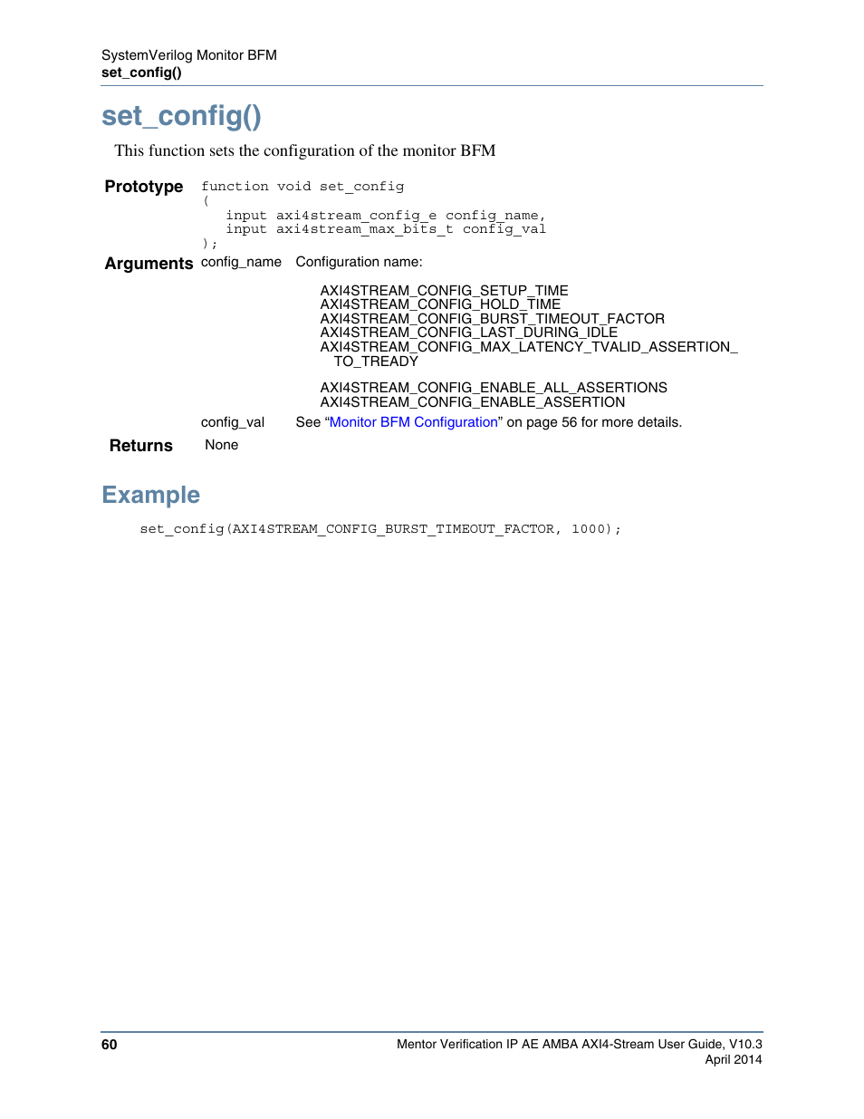 Set_config(), Example, On fields that set with the | Function to configure, Command as shown in | Altera Mentor Verification IP Altera Edition AMBA AXI4-Stream User Manual | Page 60 / 231