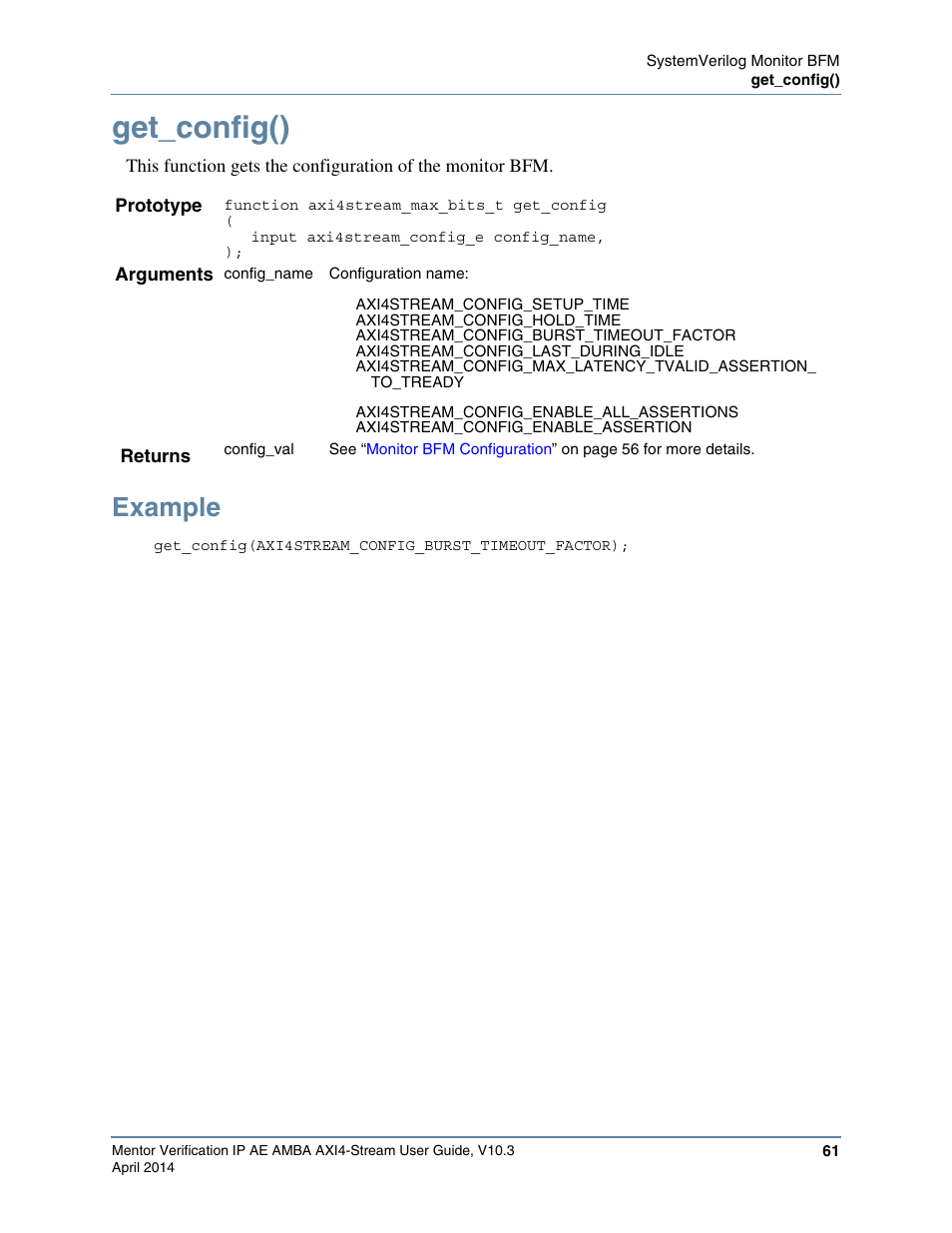 Get_config(), Example | Altera Mentor Verification IP Altera Edition AMBA AXI4-Stream User Manual | Page 61 / 231