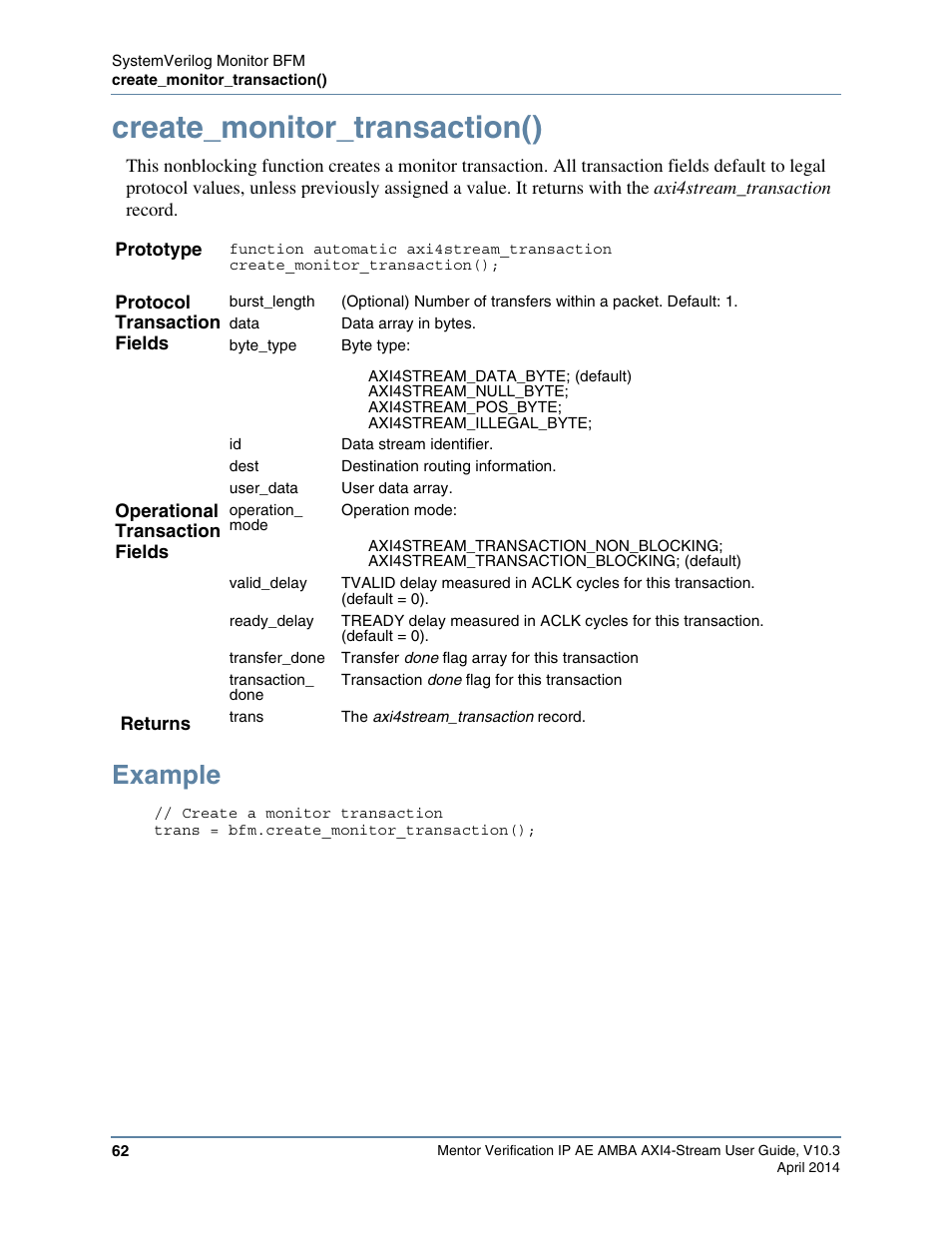 Create_monitor_transaction(), Example | Altera Mentor Verification IP Altera Edition AMBA AXI4-Stream User Manual | Page 62 / 231