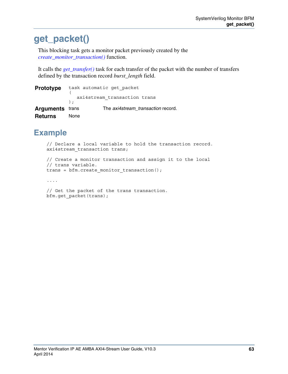 Get_packet(), Example | Altera Mentor Verification IP Altera Edition AMBA AXI4-Stream User Manual | Page 63 / 231