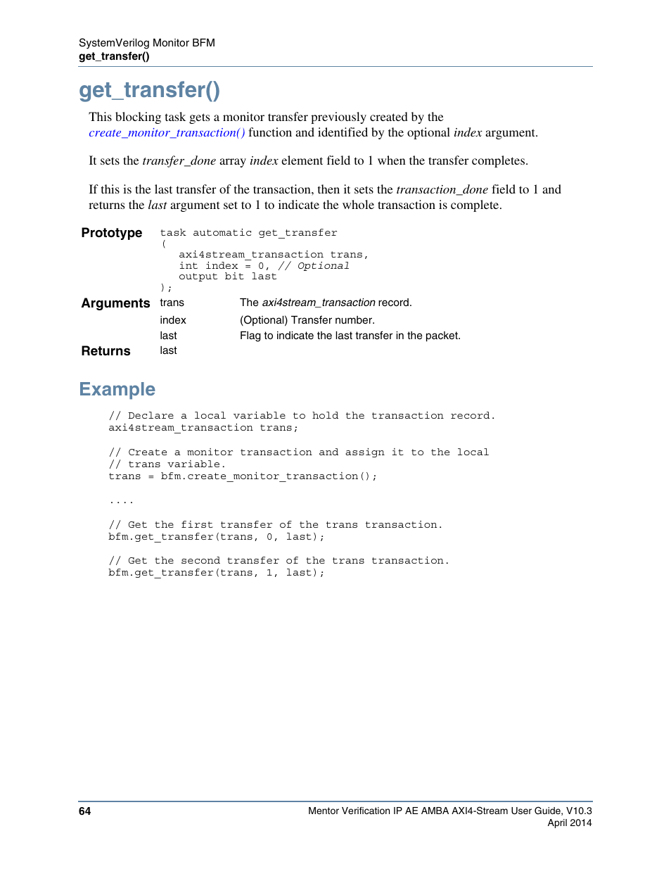 Get_transfer(), Example | Altera Mentor Verification IP Altera Edition AMBA AXI4-Stream User Manual | Page 64 / 231