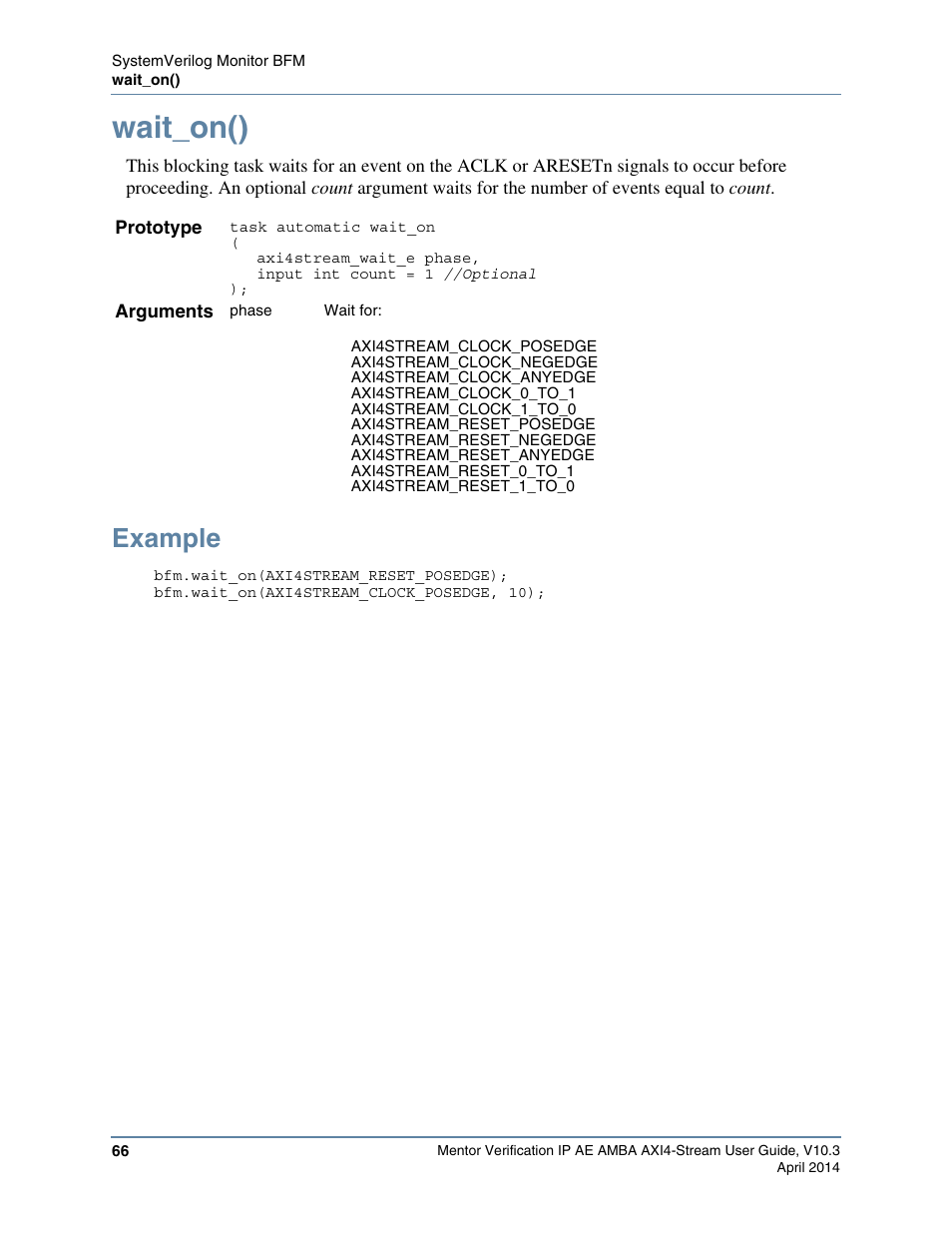 Wait_on(), Example | Altera Mentor Verification IP Altera Edition AMBA AXI4-Stream User Manual | Page 66 / 231