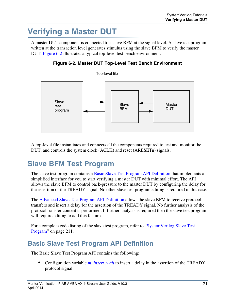 Verifying a master dut, Slave bfm test program, Basic slave test program api definition | Altera Mentor Verification IP Altera Edition AMBA AXI4-Stream User Manual | Page 71 / 231