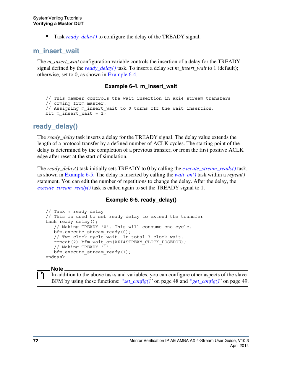 M_insert_wait, Ready_delay(), Example 6-4. m_insert_wait | Example 6-5. ready_delay() | Altera Mentor Verification IP Altera Edition AMBA AXI4-Stream User Manual | Page 72 / 231