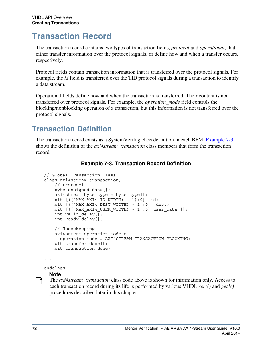 Transaction record, Transaction definition, Example 7-3. transaction record definition | Altera Mentor Verification IP Altera Edition AMBA AXI4-Stream User Manual | Page 78 / 231
