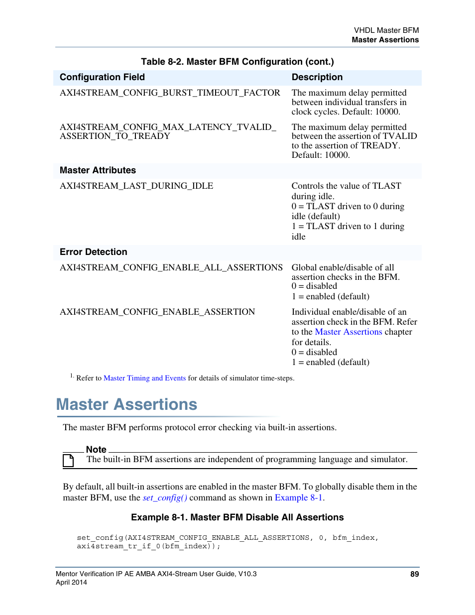 Master assertions, Example 8-1. master bfm disable all assertions | Altera Mentor Verification IP Altera Edition AMBA AXI4-Stream User Manual | Page 89 / 231