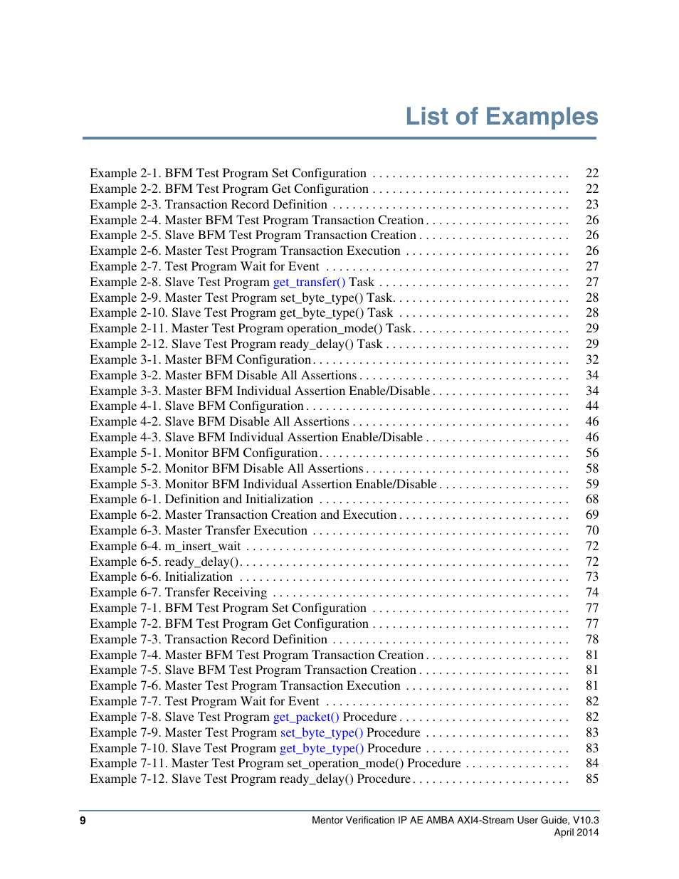 List of examples | Altera Mentor Verification IP Altera Edition AMBA AXI4-Stream User Manual | Page 9 / 231