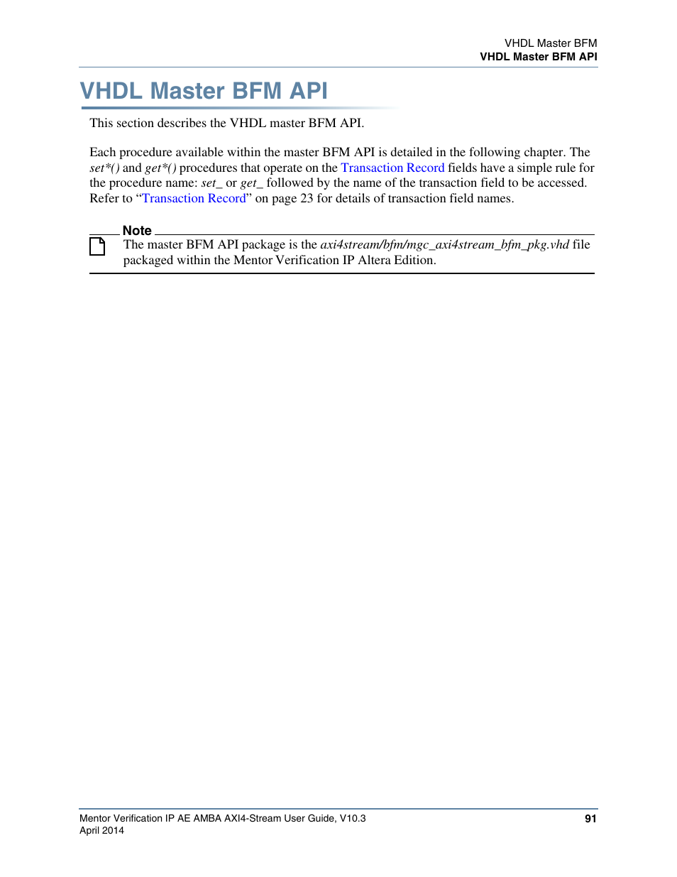 Vhdl master bfm api | Altera Mentor Verification IP Altera Edition AMBA AXI4-Stream User Manual | Page 91 / 231