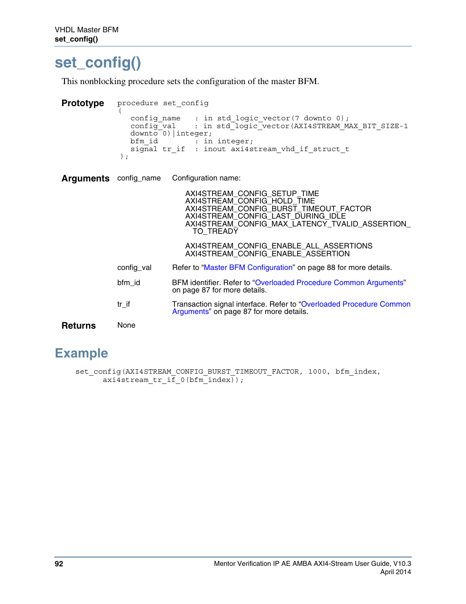 Set_config(), Example, Procedu | Command as shown in | Altera Mentor Verification IP Altera Edition AMBA AXI4-Stream User Manual | Page 92 / 231