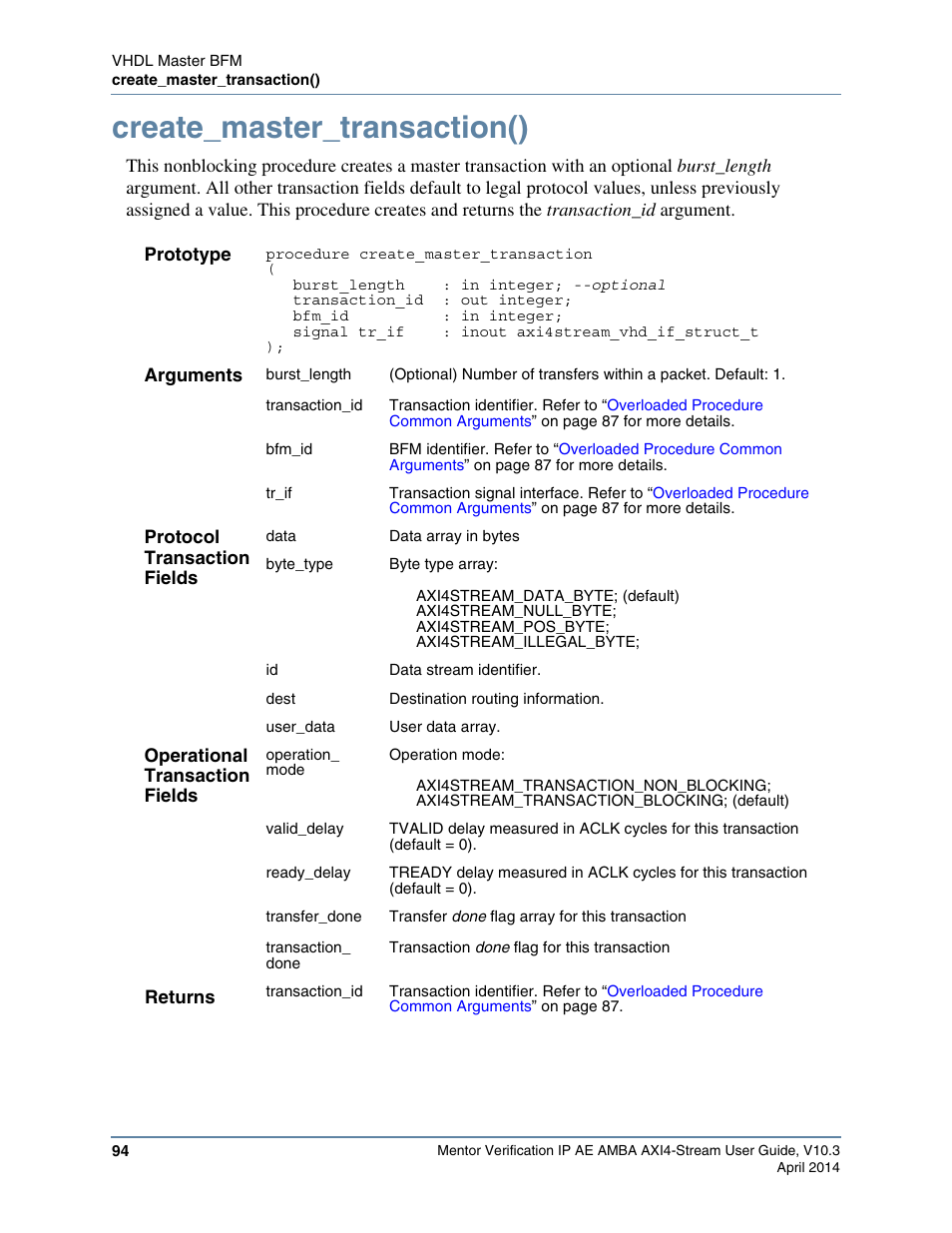 Create_master_transaction(), Refer to | Altera Mentor Verification IP Altera Edition AMBA AXI4-Stream User Manual | Page 94 / 231