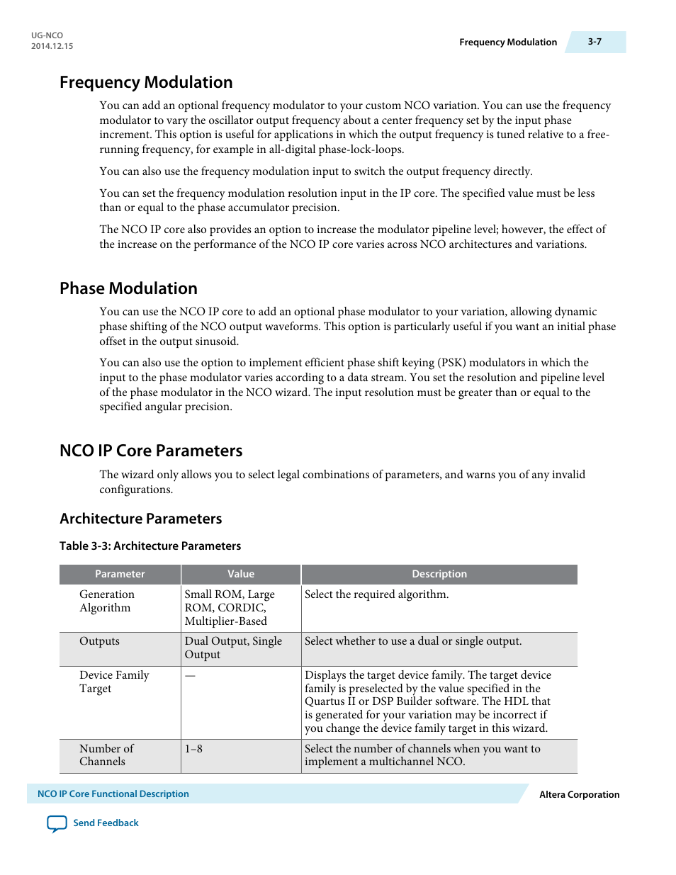 Frequency modulation, Phase modulation, Nco ip core parameters | Architecture parameters, Frequency modulation -7, Phase modulation -7, Nco ip core parameters -7, Architecture parameters -7 | Altera NCO MegaCore Function User Manual | Page 24 / 35
