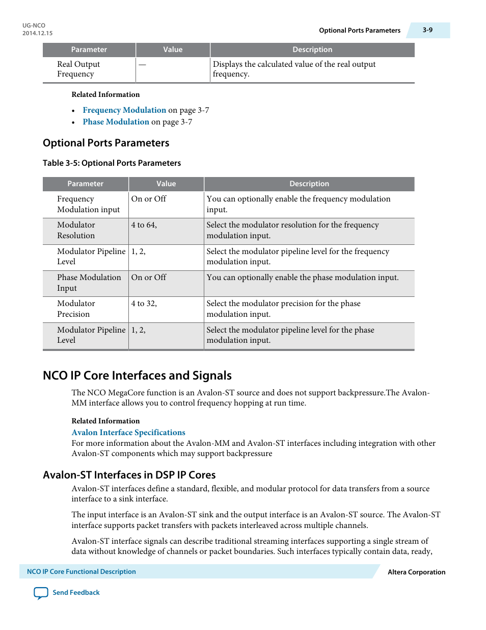 Optional ports parameters, Nco ip core interfaces and signals, Avalon-st interfaces in dsp ip cores | Optional ports parameters -9, Nco ip core interfaces and signals -9, Avalon-st interfaces in dsp ip cores -9 | Altera NCO MegaCore Function User Manual | Page 26 / 35