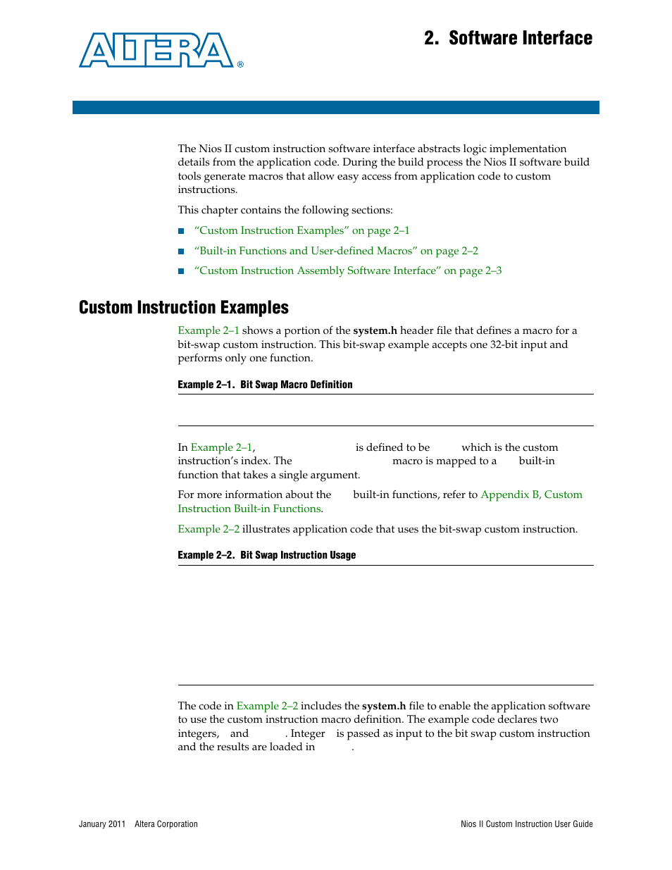 Software interface, Custom instruction examples, Chapter 2. software interface | Custom instruction examples –1, Chapter 2, For step-by, Chapter 2, software interface | Altera Nios II Custom User Manual | Page 17 / 50