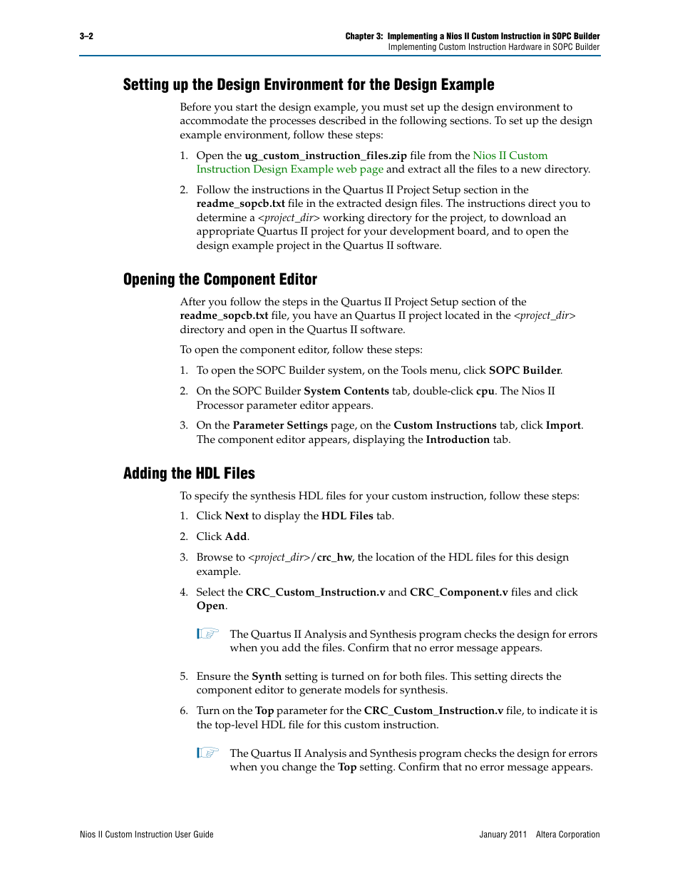 Opening the component editor, Adding the hdl files | Altera Nios II Custom User Manual | Page 24 / 50