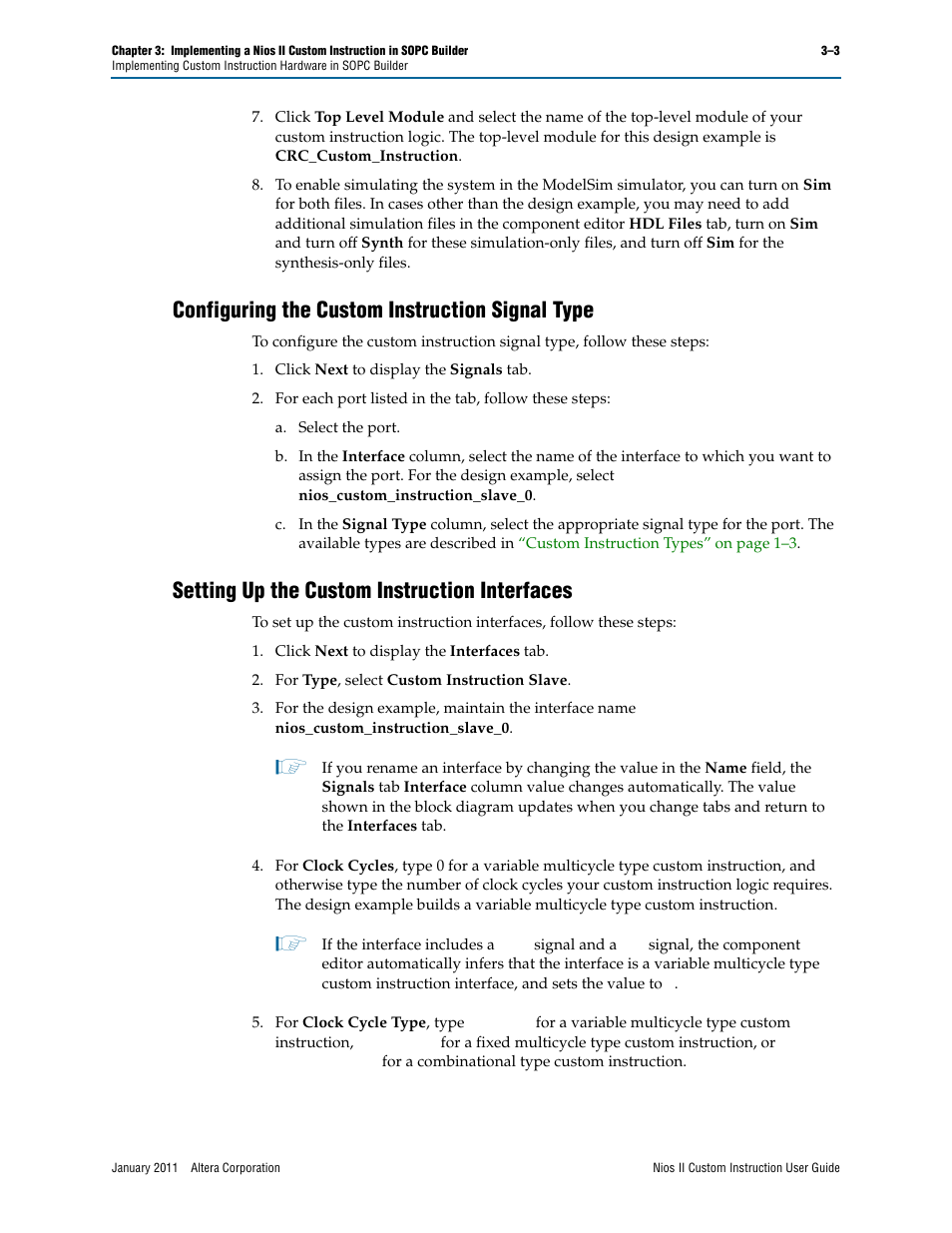 Configuring the custom instruction signal type, Setting up the custom instruction interfaces | Altera Nios II Custom User Manual | Page 25 / 50