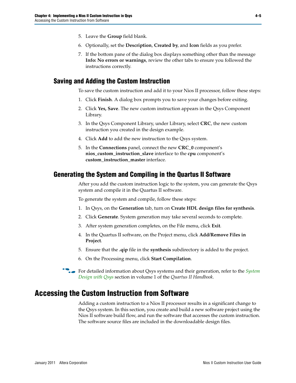 Saving and adding the custom instruction, Accessing the custom instruction from software, Accessing the custom instruction from software –5 | Altera Nios II Custom User Manual | Page 35 / 50