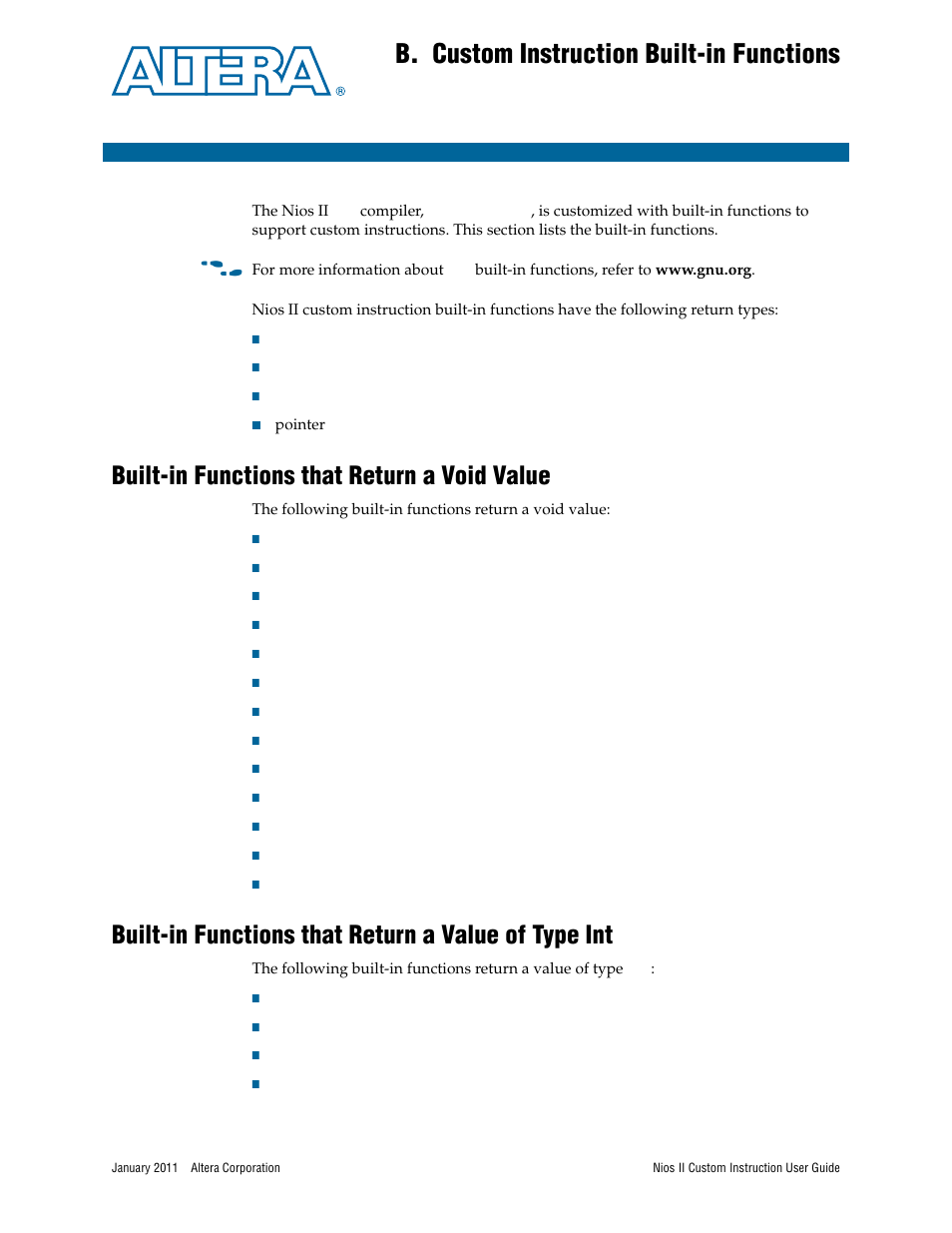 B. custom instruction built-in functions, Built-in functions that return a void value, Built-in functions that return a value of type int | Appendix b. custom instruction built-in functions, Appendix b, custom, Instruction built-in functions, Appendix b, custom instruction built-in functions, For det | Altera Nios II Custom User Manual | Page 43 / 50