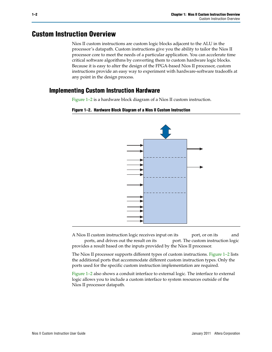 Custom instruction overview, Implementing custom instruction hardware, Custom instruction overview –2 | Implementing custom instruction hardware –2 | Altera Nios II Custom User Manual | Page 6 / 50