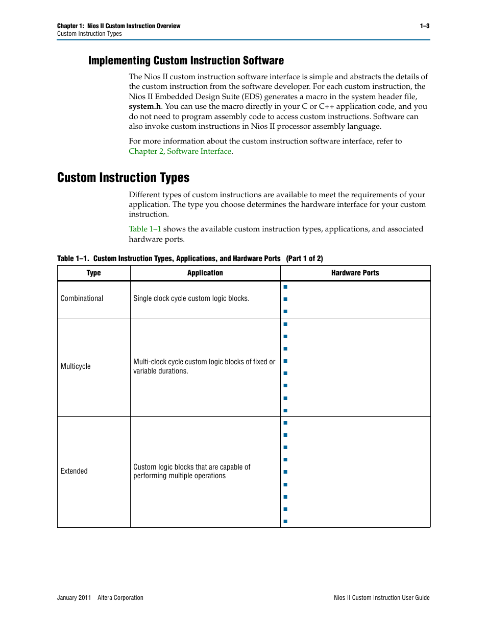 Implementing custom instruction software, Custom instruction types, Implementing custom instruction software –3 | Custom instruction types –3 | Altera Nios II Custom User Manual | Page 7 / 50