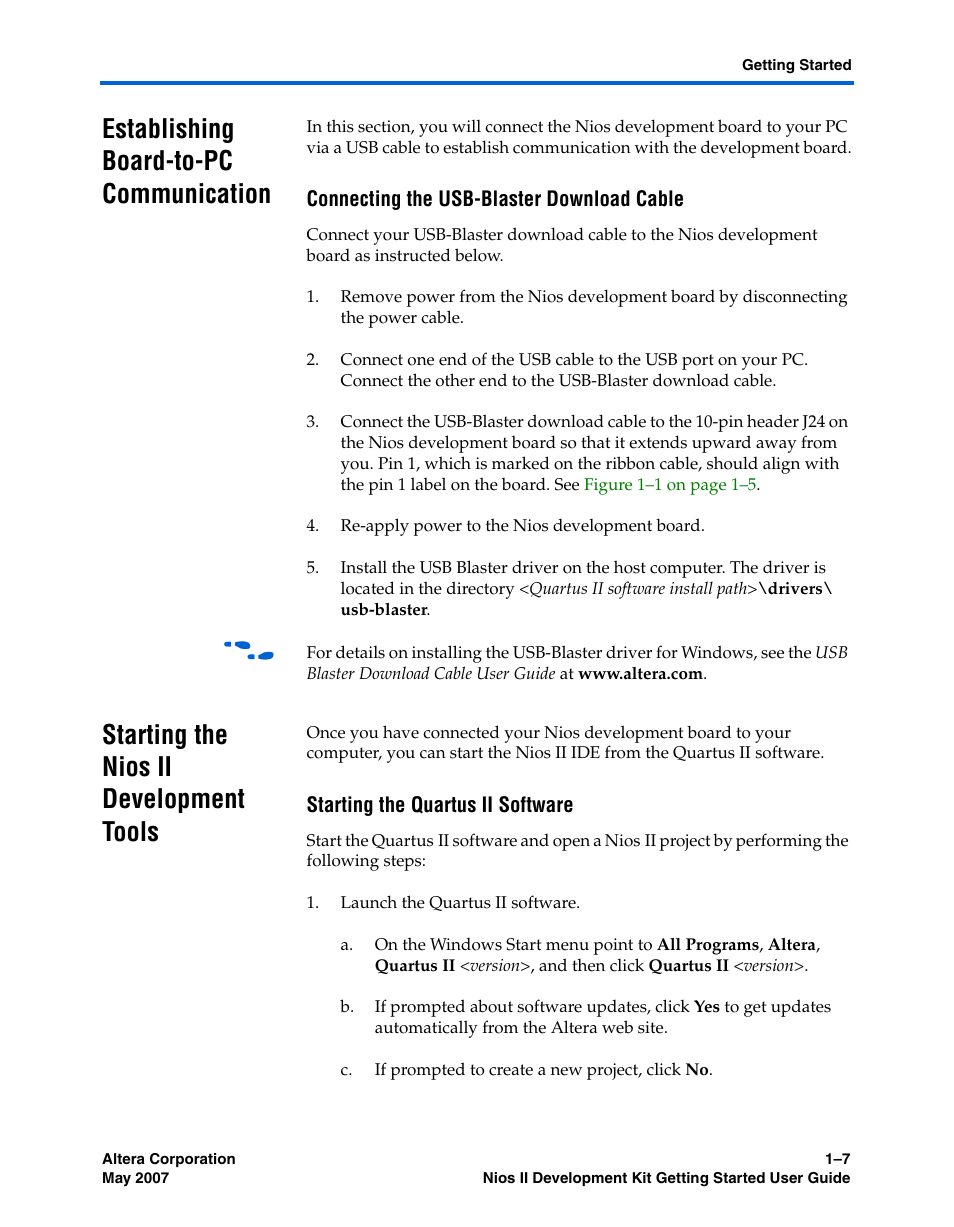 Establishing board-to-pc communication, Connecting the usb-blaster download cable, Starting the nios ii development tools | Starting the quartus ii software, Establishing board-to-pc communication –7, Starting the nios ii development tools –7 | Altera Nios II User Manual | Page 15 / 22