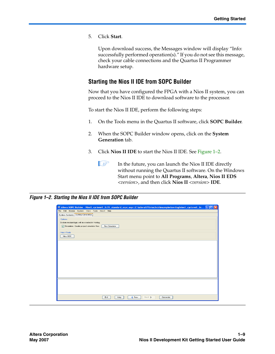 Starting the nios ii ide from sopc builder | Altera Nios II User Manual | Page 17 / 22