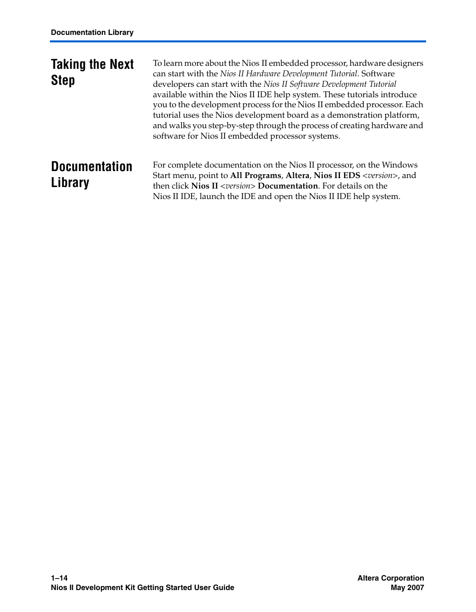 Taking the next step, Documentation library, Documentation library –14 | Altera Nios II User Manual | Page 22 / 22