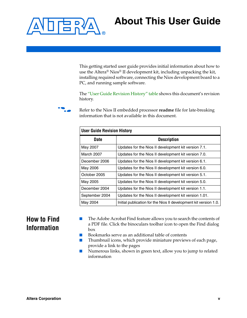 About this user guide, How to find information | Altera Nios II User Manual | Page 5 / 22