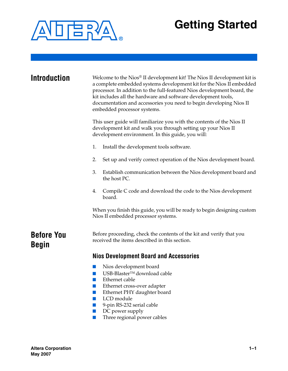 Getting started, Introduction, Before you begin | Nios development board and accessories, Introduction –1 before you begin –1 | Altera Nios II User Manual | Page 9 / 22