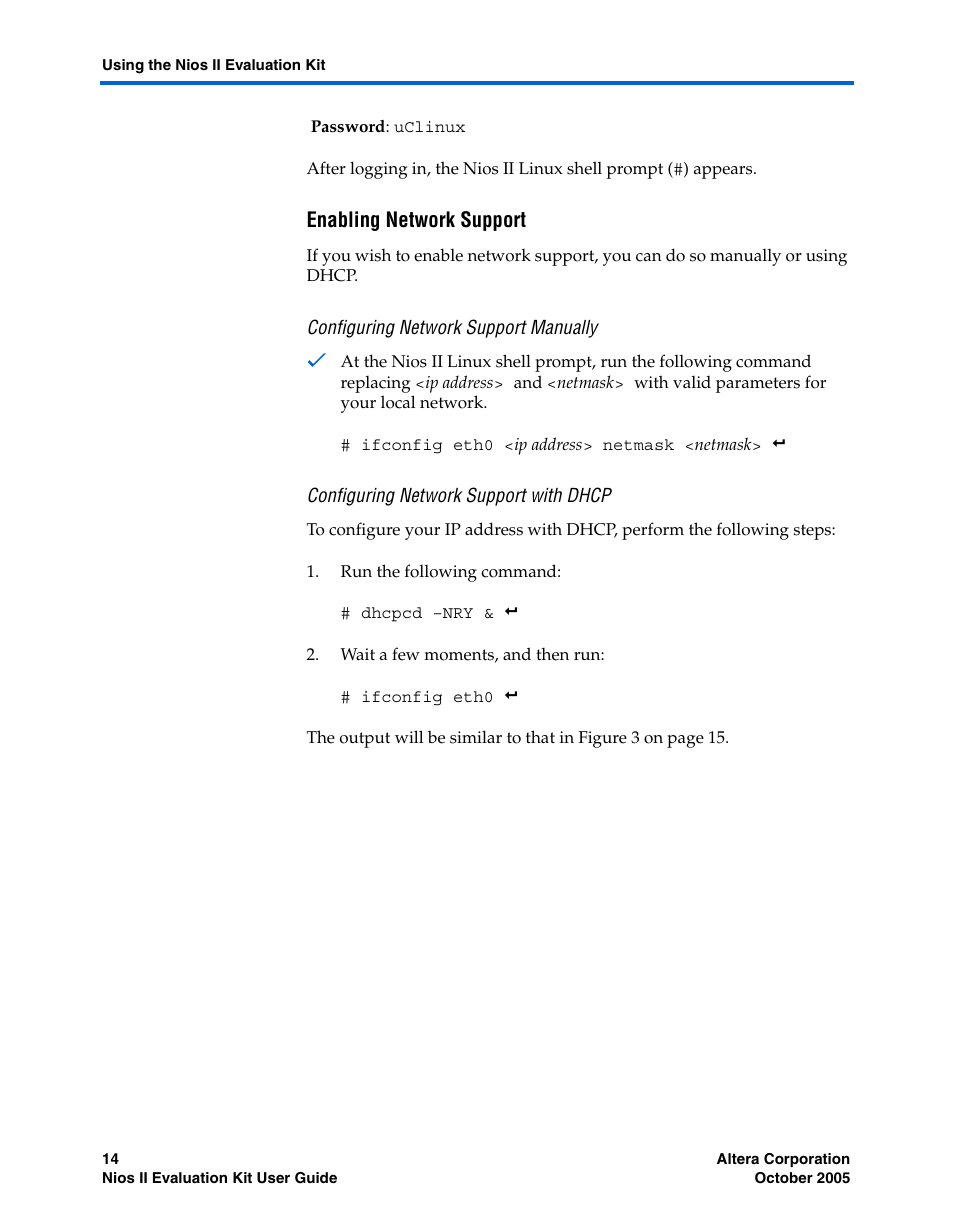 Enabling network support, Configuring network support manually, Configuring network support with dhcp | Altera Nios II User Manual | Page 14 / 22