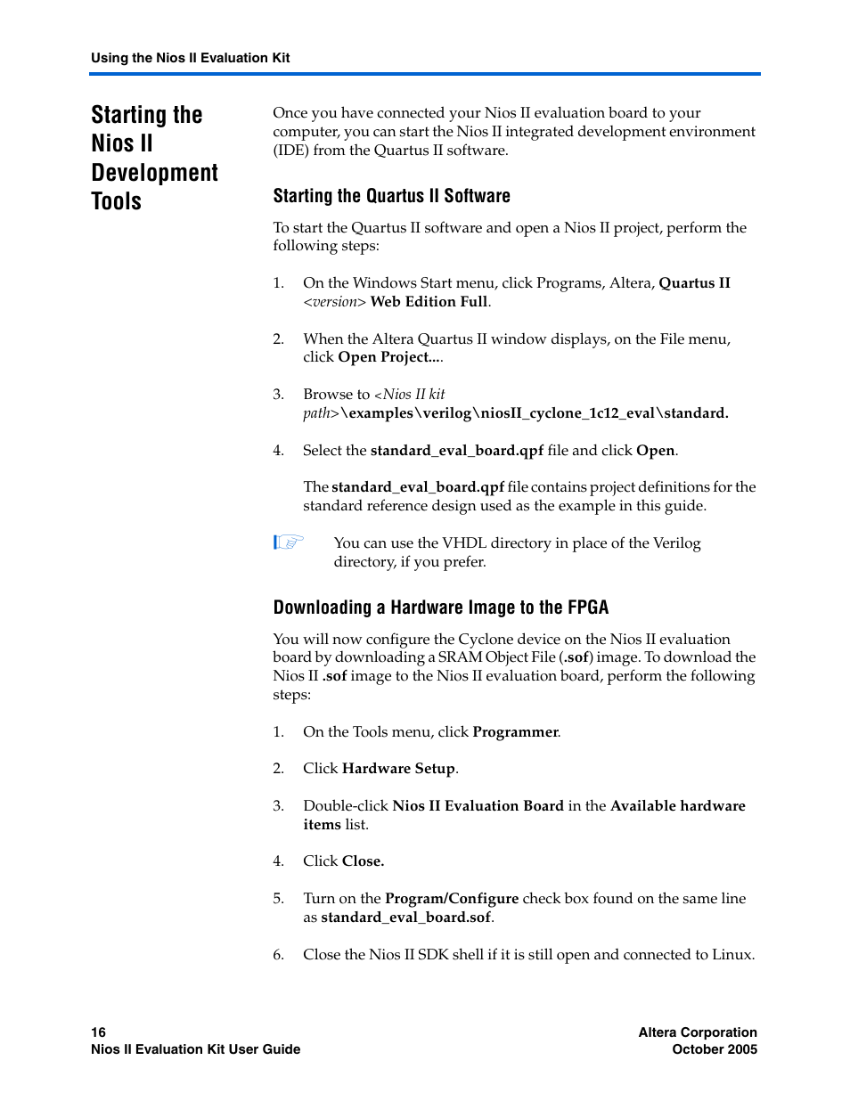 Starting the nios ii development tools, Starting the quartus ii software, Downloading a hardware image to the fpga | Altera Nios II User Manual | Page 16 / 22