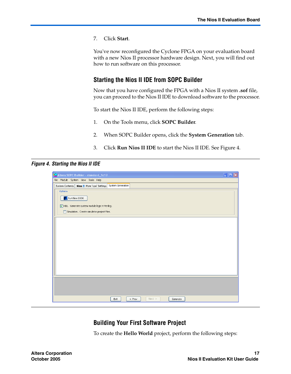 Starting the nios ii ide from sopc builder, Building your first software project | Altera Nios II User Manual | Page 17 / 22