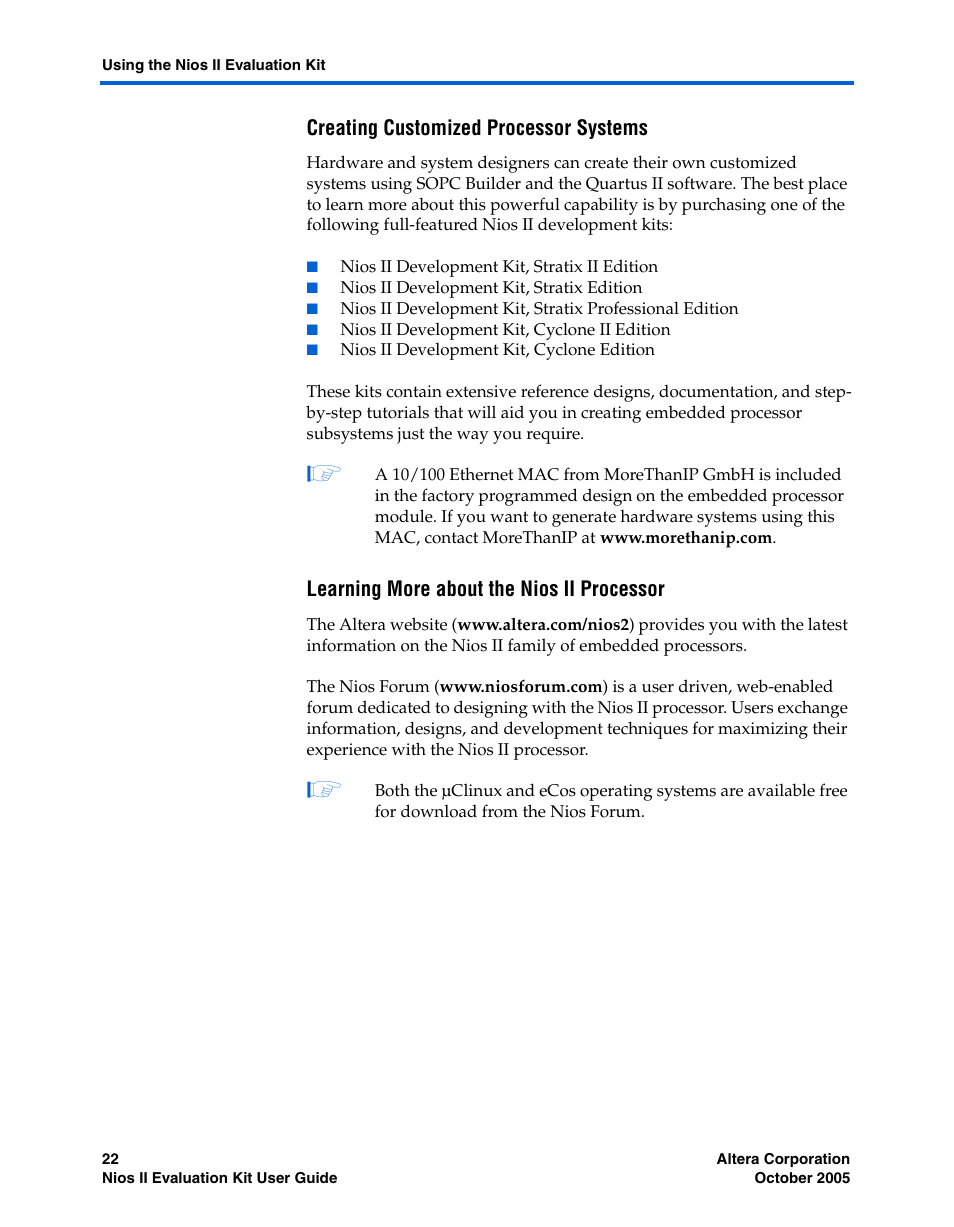 Creating customized processor systems, Learning more about the nios ii processor | Altera Nios II User Manual | Page 22 / 22