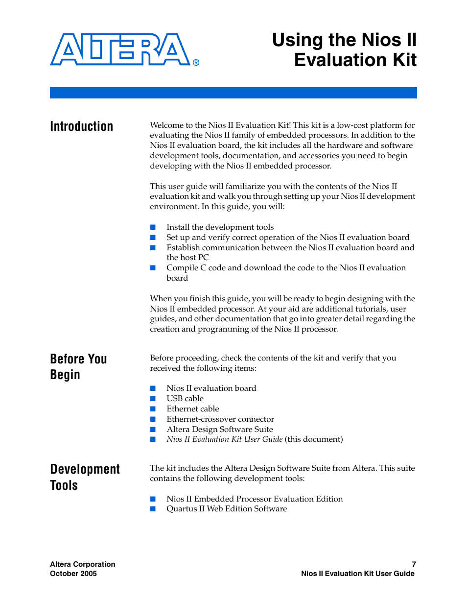 Using the nios ii evaluation kit, Introduction, Before you begin | Development tools | Altera Nios II User Manual | Page 7 / 22