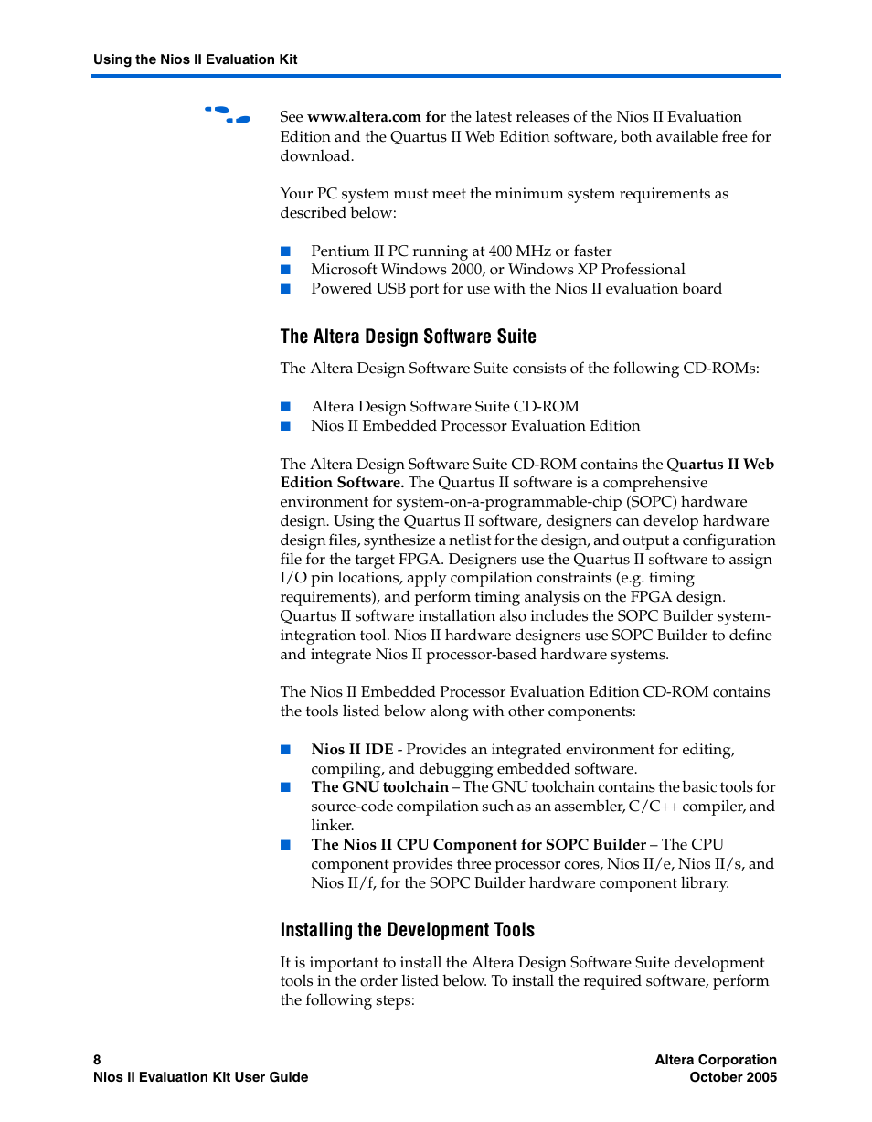 The altera design software suite, Installing the development tools | Altera Nios II User Manual | Page 8 / 22
