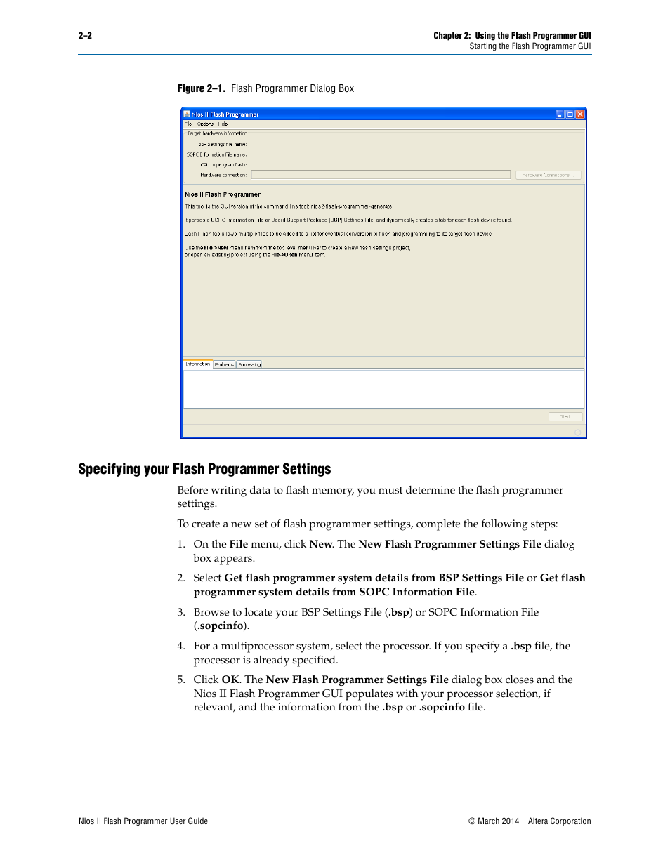 Specifying your flash programmer settings, Specifying your flash programmer settings –2, Figure 2–1 | Altera Nios II User Manual | Page 10 / 37